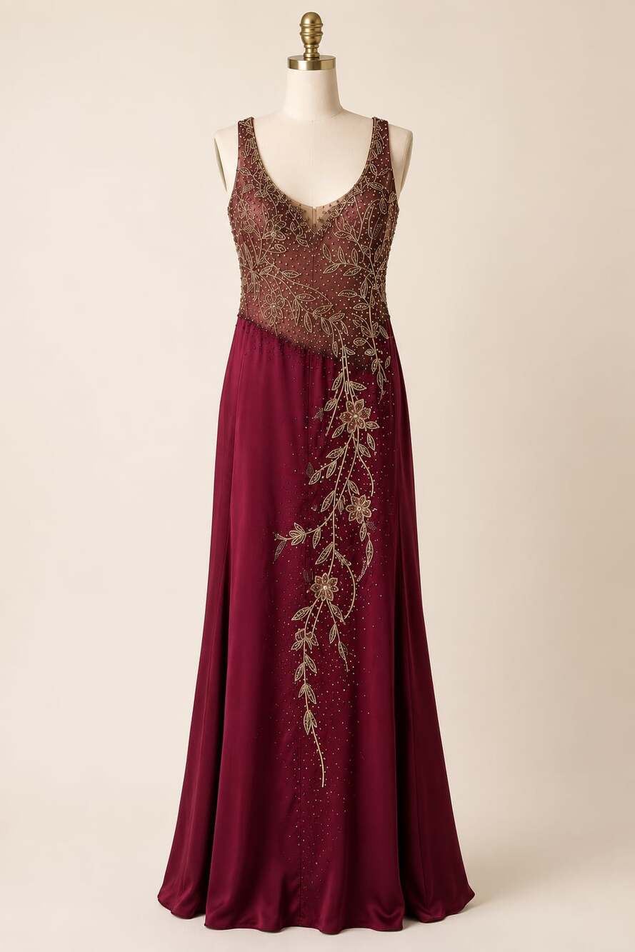 Stephen Yearick Silk Beaded Burgundy Formal Gown Dress Size 8
